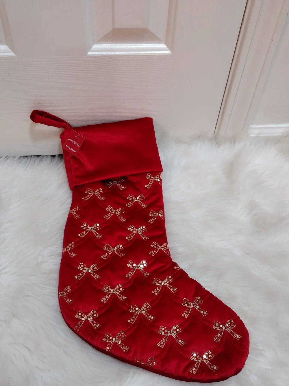 Target Red Holiday Stocking with Gold Sequin Bows